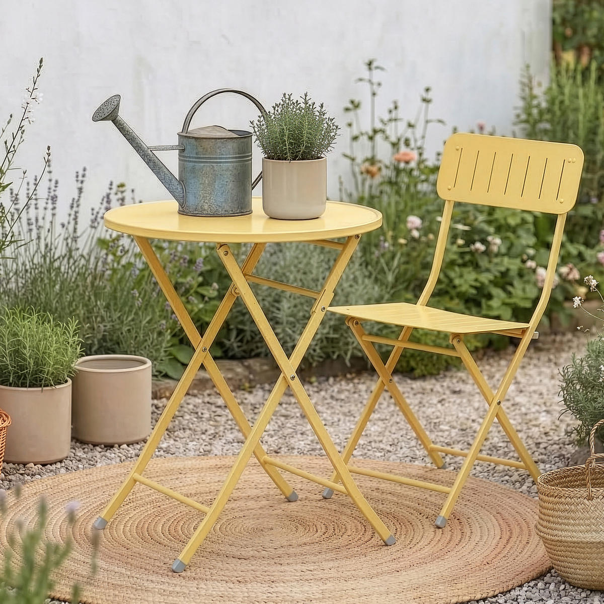 SKLÁDACÍ ZAHRADNÍ STŮL Sande - žlutá, kov (62/62/71cm) - [en.casa]