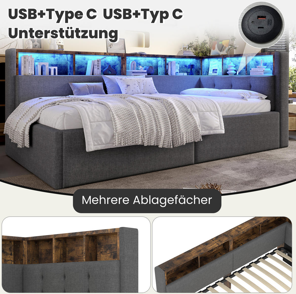 ČALOUNĚNÁ postel 90/200 cm s USB a Type-C porty, LED osvětlením a hydraulickým úložným prostorem, Šedá - šedá, textil (90/200cm) - Redom