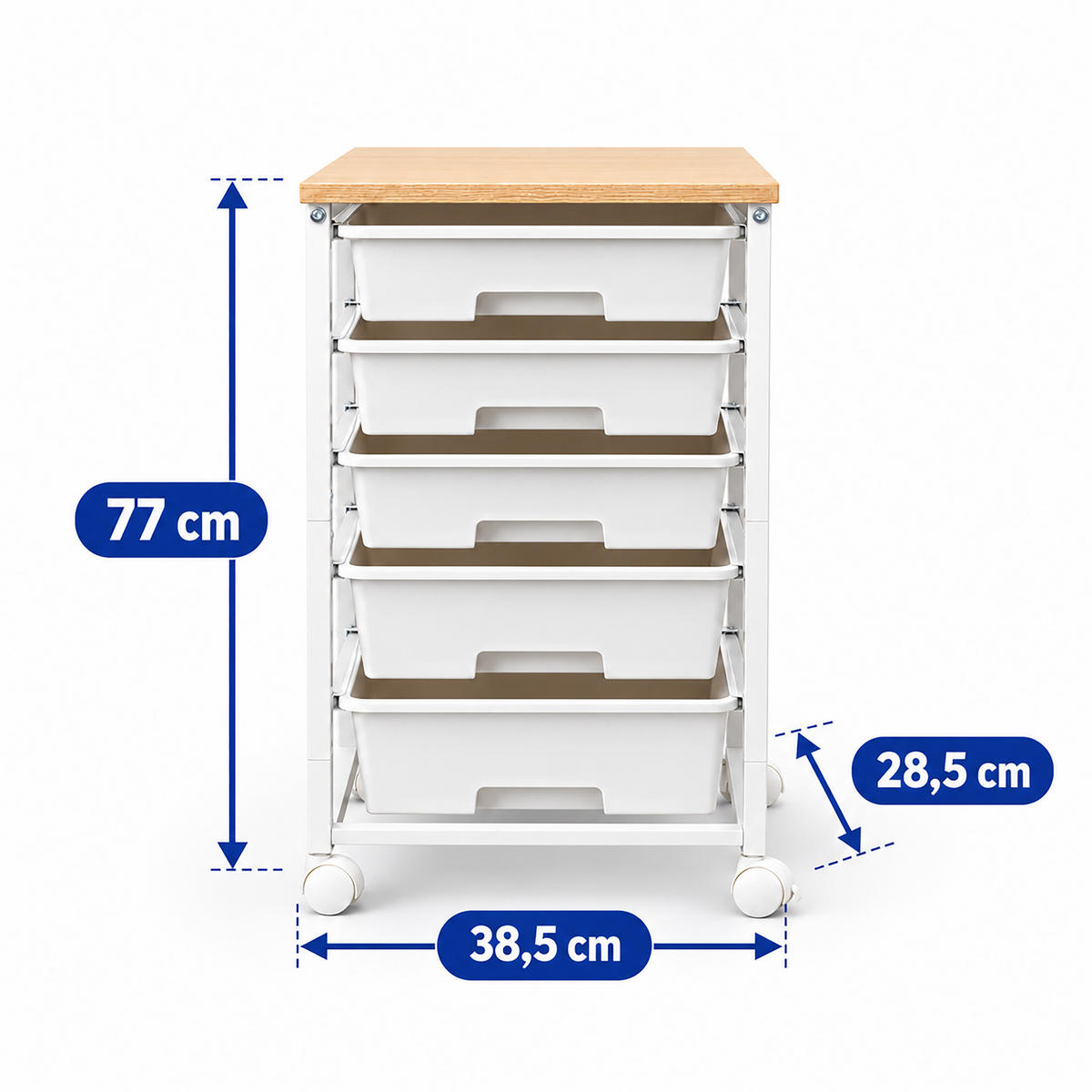 ROLLWAGEN Weiß 5-Schubladen Kunststoff Tischplatte Holzoptik 77 cm - Weiß, Holzwerkstoff/Kunststoff (38.5/77/28.5cm) - Relaxdays