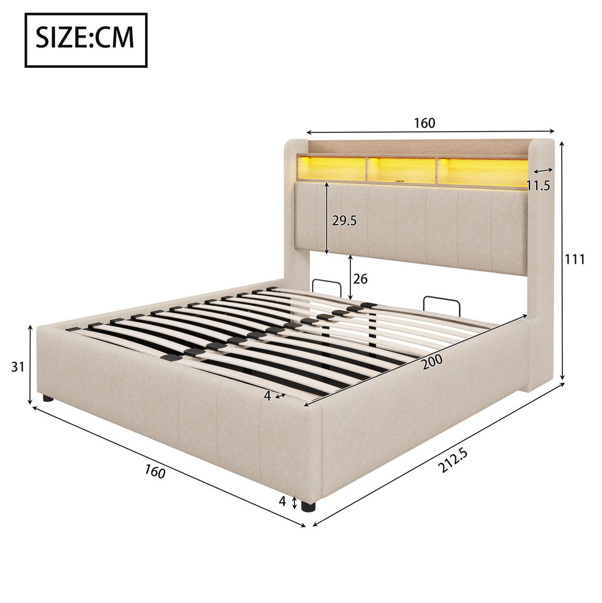 ČALÚNENÁ posteľ 160/200 cm s farebne meniteľným LED osvetlením, USB-C nabíjaním a hydraulickým úložným priestorom, Béžová - béžová, textil (160/200cm) - Redom