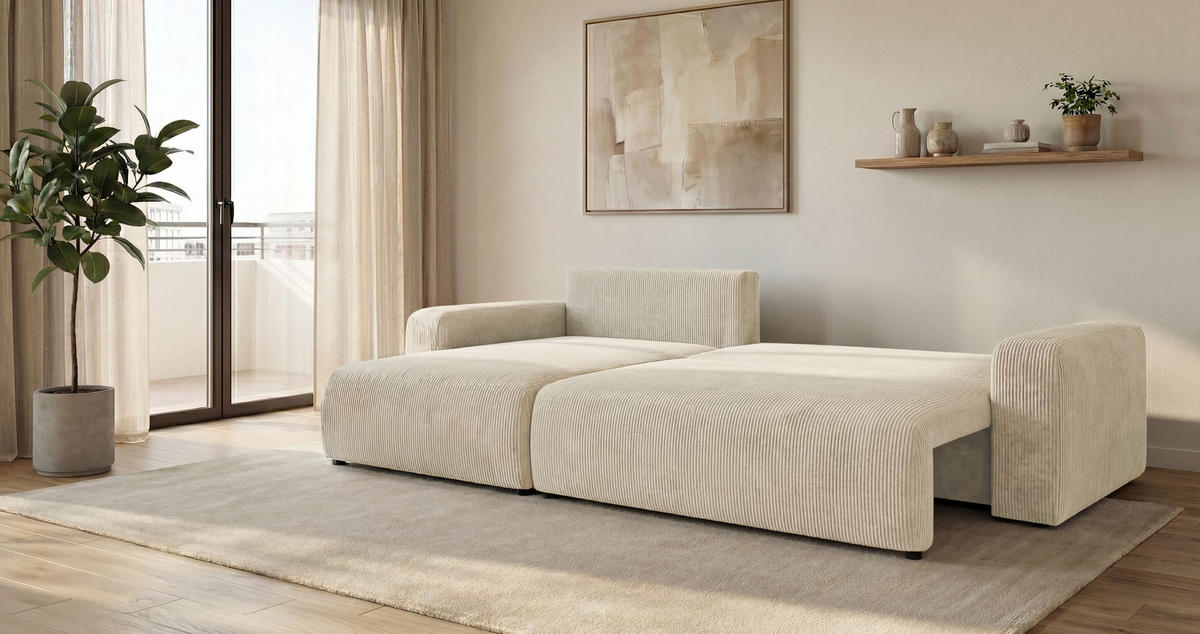 ROHOVÁ pohovka BERLIN levá bílá manšestr Poso 100 - funkce spaní, úložný prostor - bílá, textil (285/185cm) - Cornero