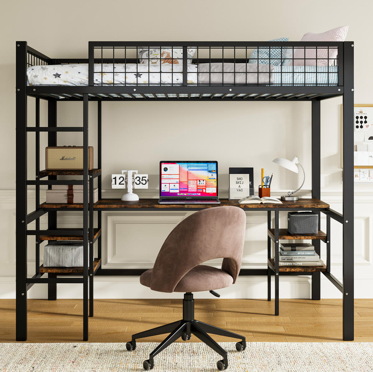ETAGENBETT 90/200 cm in Schwarz mit Schreibtisch, Regal und 4-stufiger Leiter - Schwarz, Metall (90/200cm) - OKMYHOME