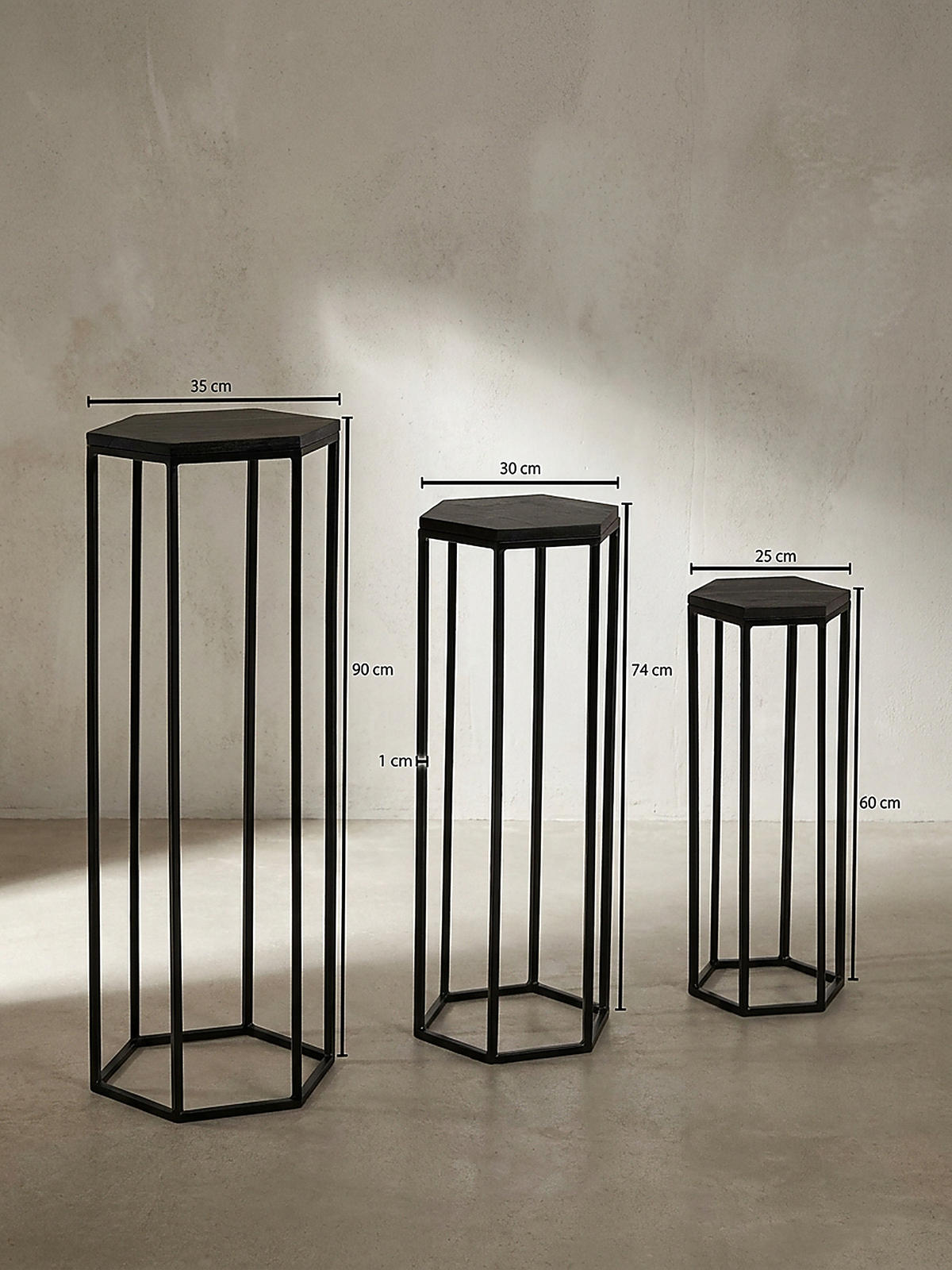 BEISTELLTISCHE 3er Set Massivholz und Metall in Hexagon-Form - Schwarz, Holz/Metall (35/35/90cm) - KADIMA DESIGN