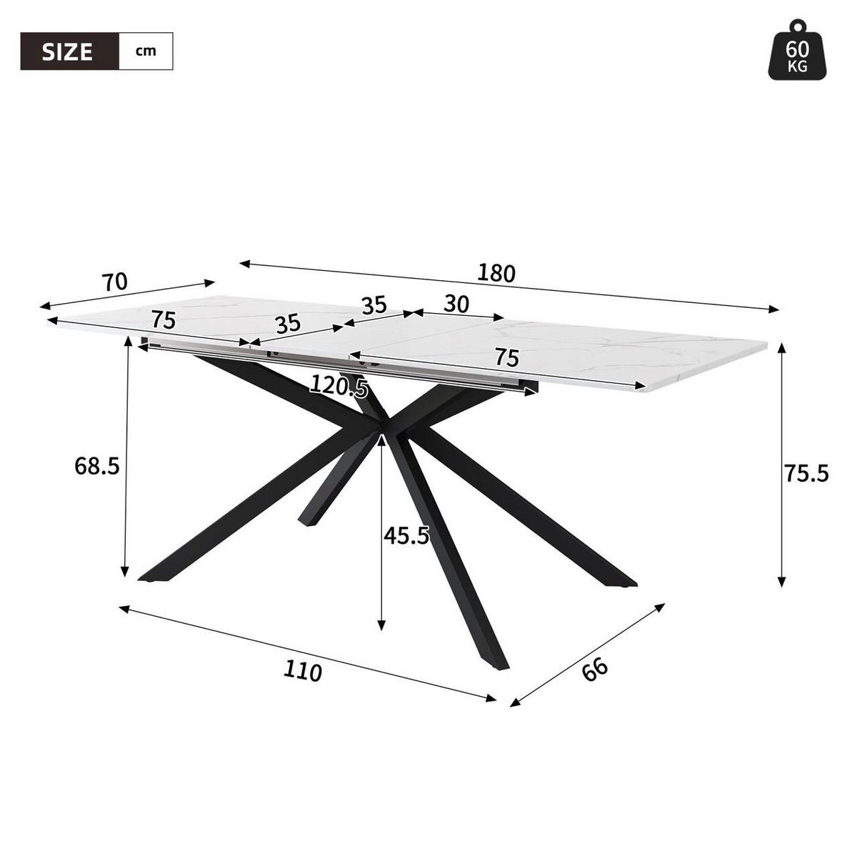 AUSZIEHTISCH 150/70/76 cm Schwarz Weiß mit Marmoroptik und Kreuzgestell - Schwarz, Holzwerkstoff (180/70/75.5cm) - OKWISH