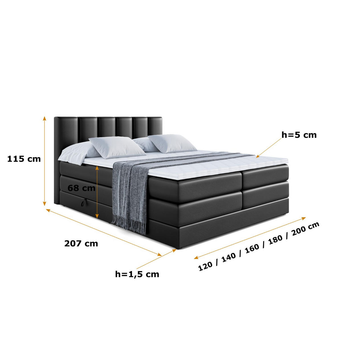 BOXSPRINGBETT BOXI1 KING - 120x200 - H3/H4 - Schwarz Hochglanz - Schwarz Hochglanz, Holzwerkstoff (120/200cm) - ALTDECOR
