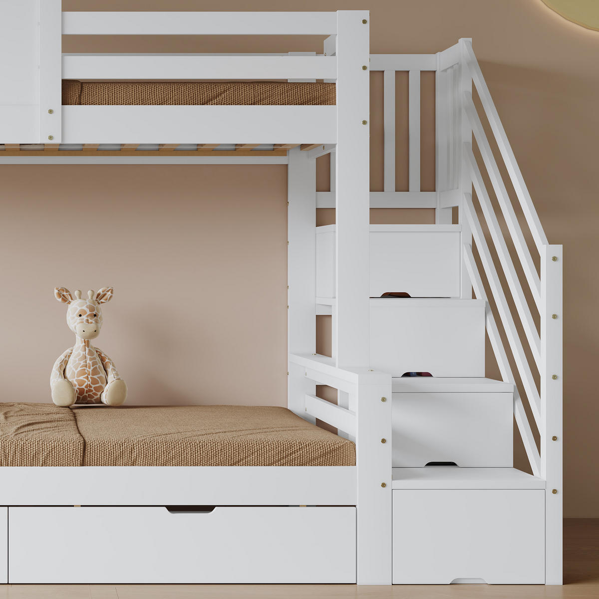 ETAGENBETT 90/200 cm & 120/200 cm in Weiß & Natur mit 2 Schubladen und Eck-Leiterschrank - Weiß, Holz/Holzwerkstoff (90/200cm) - STILVORA