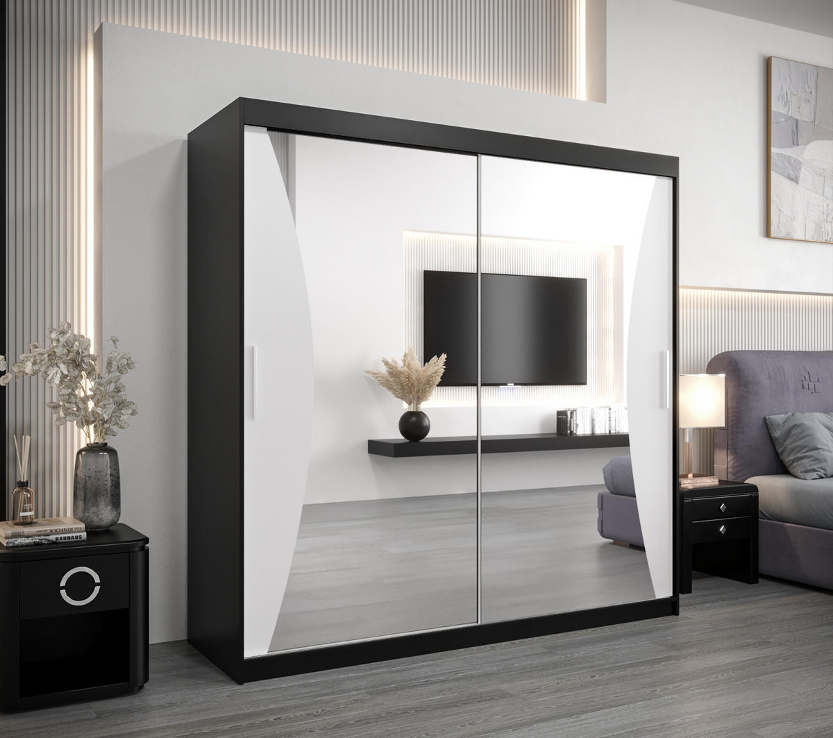 SCHWEBETÜRENSCHRANK 200/200/62 2-türig - Silberfarben/Schwarz, Holz/Kunststoff (200/200/62cm) - Abiks Möbel