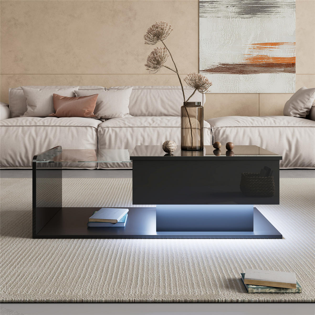COUCHTISCH Hochglanz Glas LED Schwarz - Schwarz, Holz (100/50/47.5cm) - Kaket