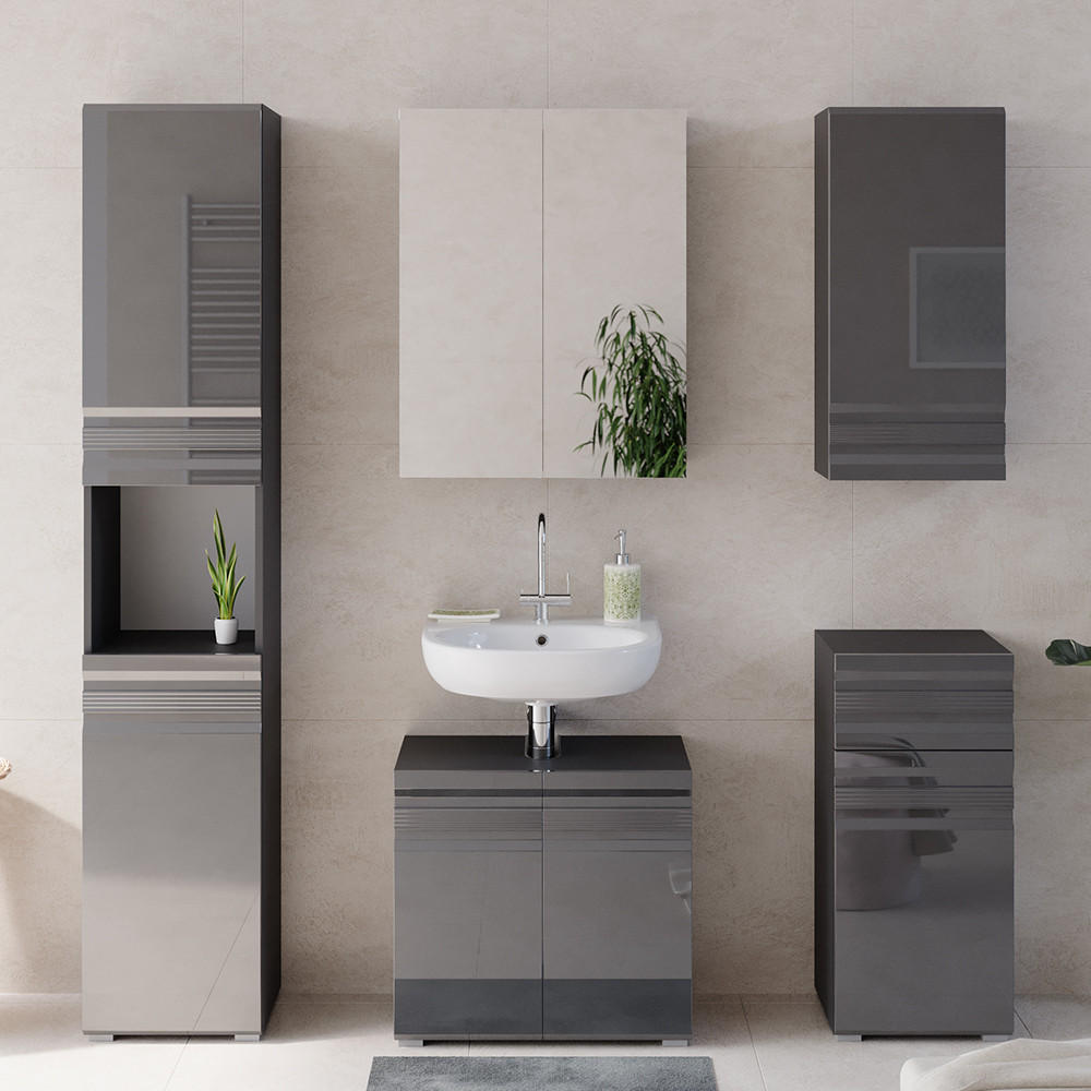 BADMÖBEL-SET Fredd Anthrazit Hochglanz 5 Teile - Schwarz Hochglanz, Holzwerkstoff (56/60/34cm) - Vicco