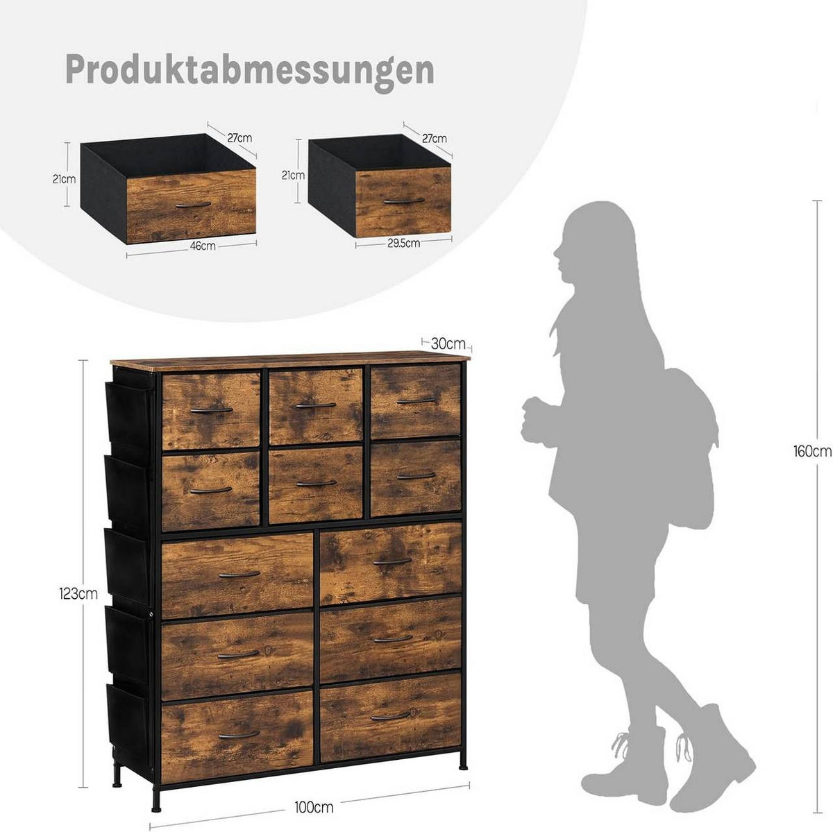 KOMMODE mit 12 Stoffschubladen, Rustikales Braun - Dunkelbraun/Schwarz, Holzwerkstoff/Textil (100/123/30cm) - Woltu