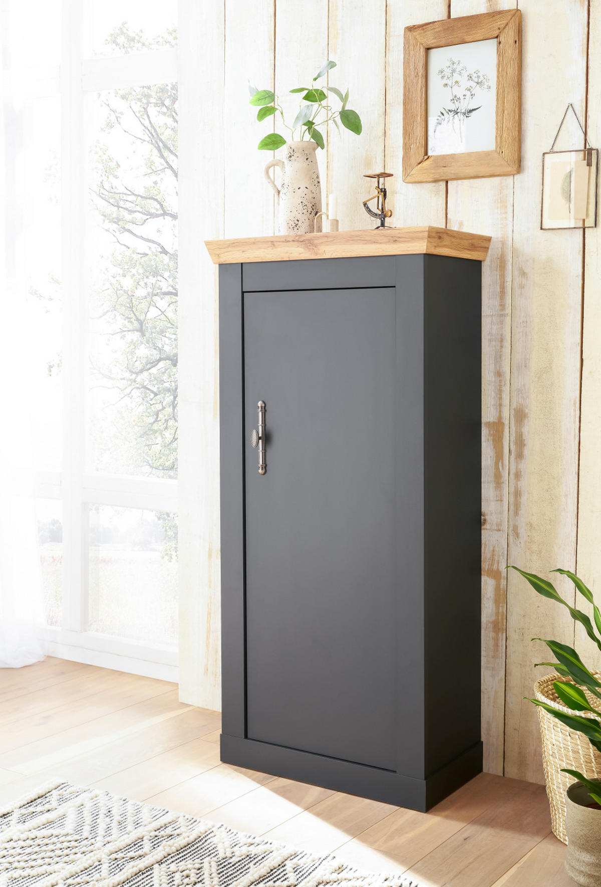 KOMMODE grau, Eiche Wotan, Landhaus 72cm, Highboard mit Soft-Close - Silberfarben/Eiche Wotan, Holzwerkstoff/Kunststoff (72/146/38cm) - Furn.Design