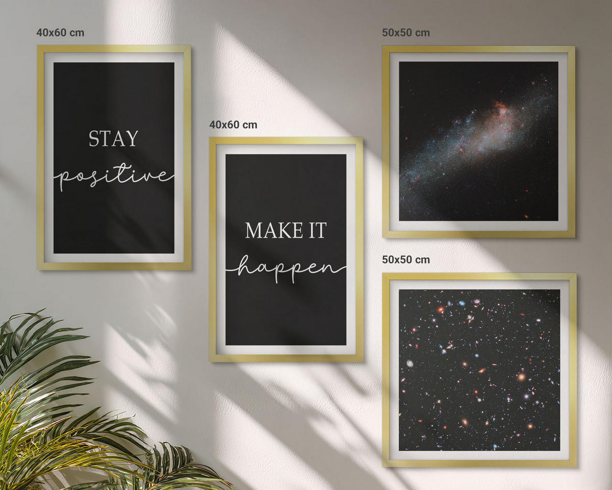 BILDER SET 4er Set - 50x50 cm & 40x60 cm Goldrahmen - Motivationsslogans Sterne Weltraum - Goldfarben, Kunststoff (50/50cm) - TULUP