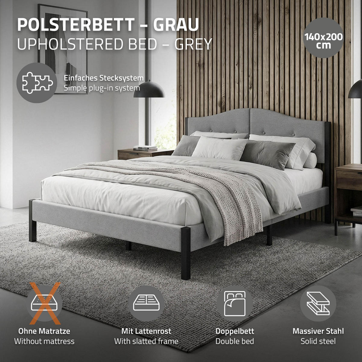 ČALOUNĚNÁ POSTEL 140x200 cm šedá s roštem a lněnou látkou - šedá, kompozitní dřevo/textil (140/200cm) - ML-DESIGN