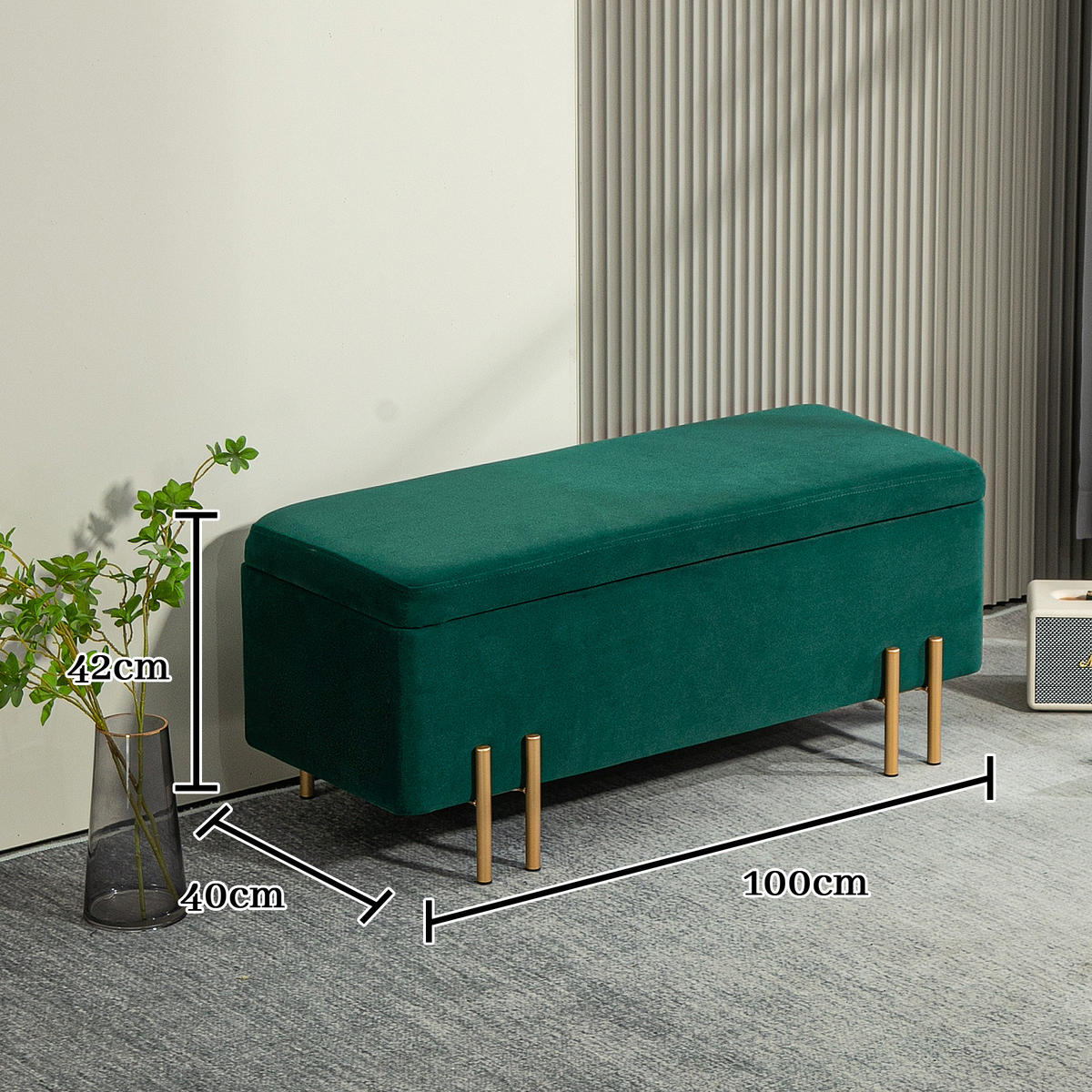 GEPOLSTERTE Sitzbank mit Stauraum, Metall, Kautschukholz, Schaumstoff Grün - Grün, Textil (40/42/100cm) - HOMCOM