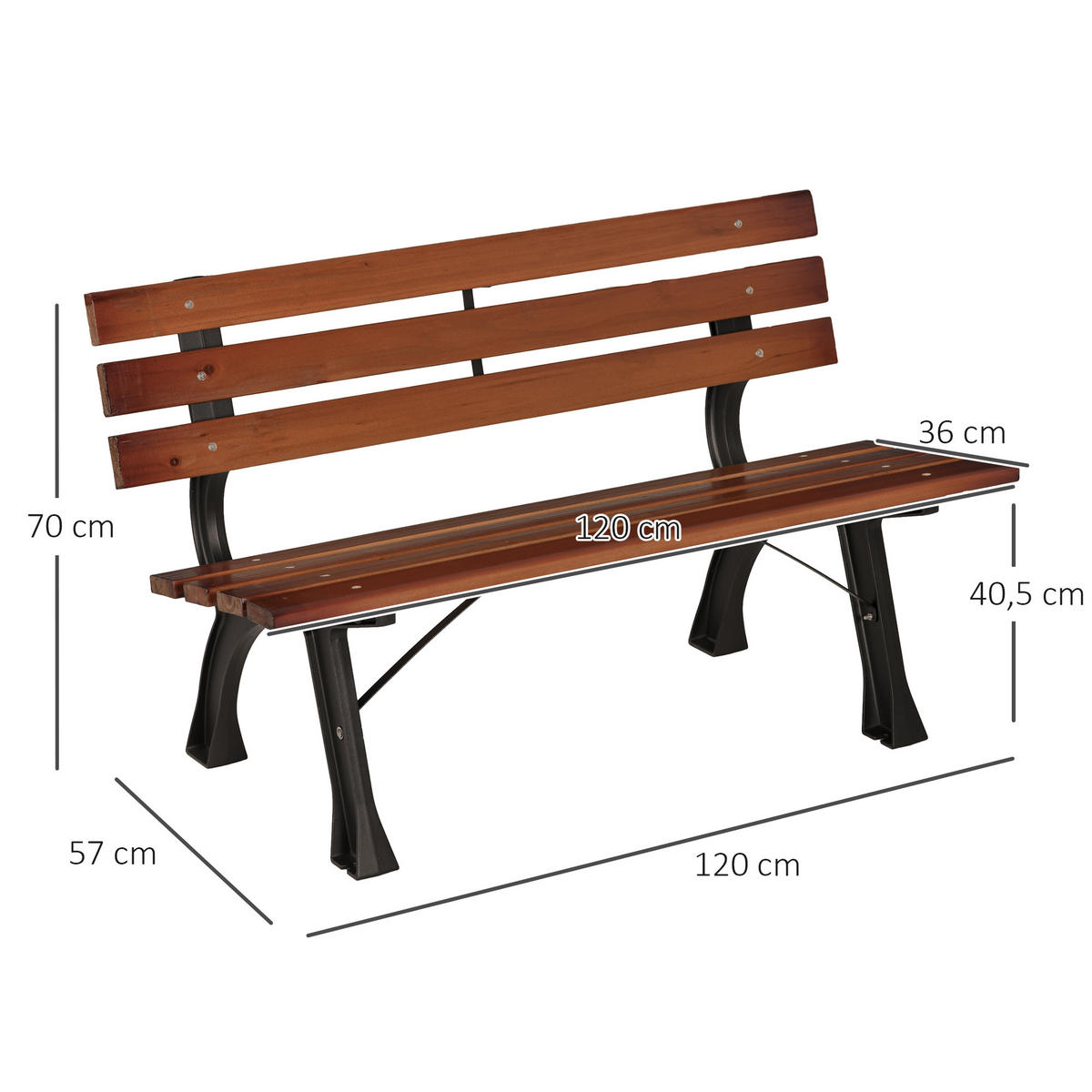 GARTENBANK, 2-Sitzer, Parkbank mit Rückenlehne, Holzbank, für Garten, Balkon, Kaffee - Dunkelbraun, Holz/Metall (57/70/120cm) - Outsunny