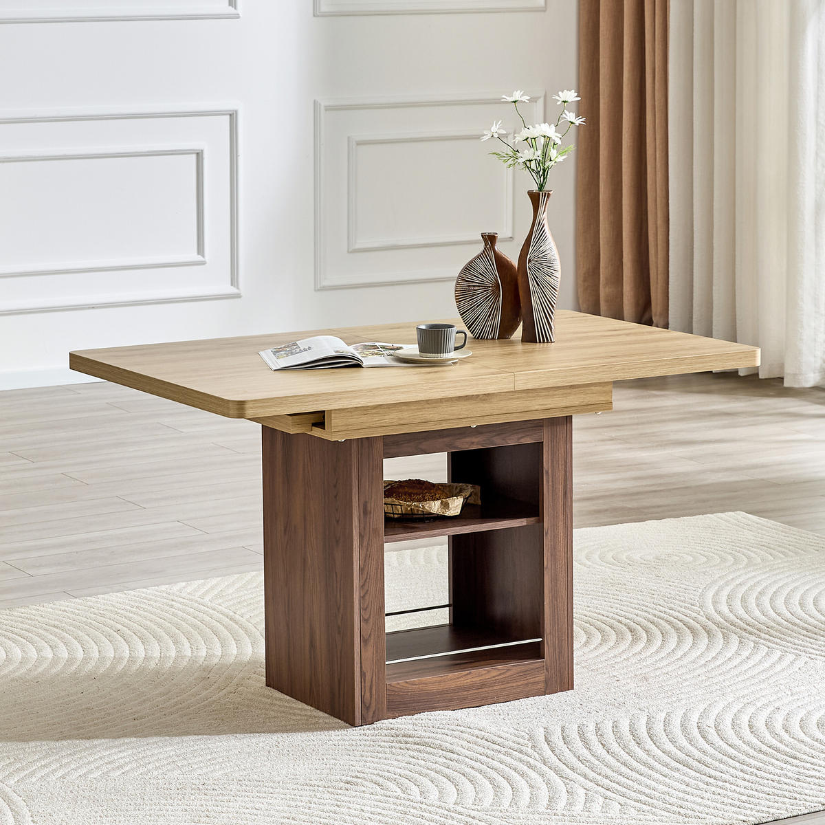 ESSTISCH ausziehbarer Naturholz + Walnuss mit Stauraum und integrierten Fächern 130-160/80/75.5 cm - Naturfarben, Holz (80/160/75.5cm) - Oxeza