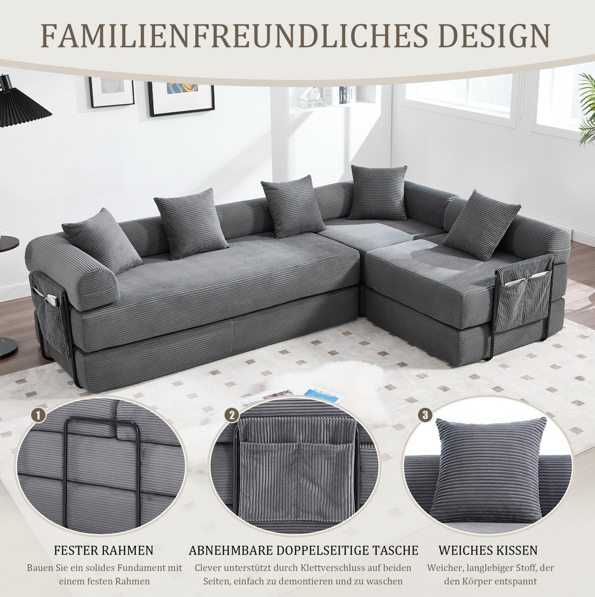 ECKSOFA 270/180/64 cm dunkelgrau aus Corduroy modular - Dunkelgrau, Textil (180/270cm) - OKWISH