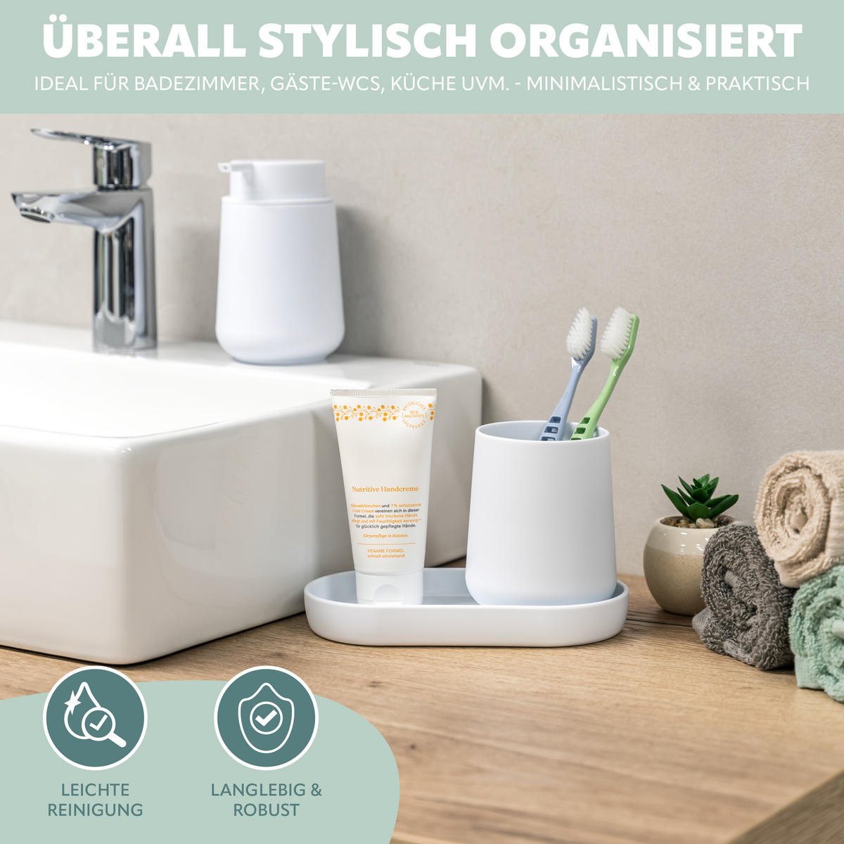 BAD-ACCESSOIRES-SET TESERO 5tlg., Soft-Touch, weiß - Weiß, Kunststoff (8.5/12/9cm) - eluno