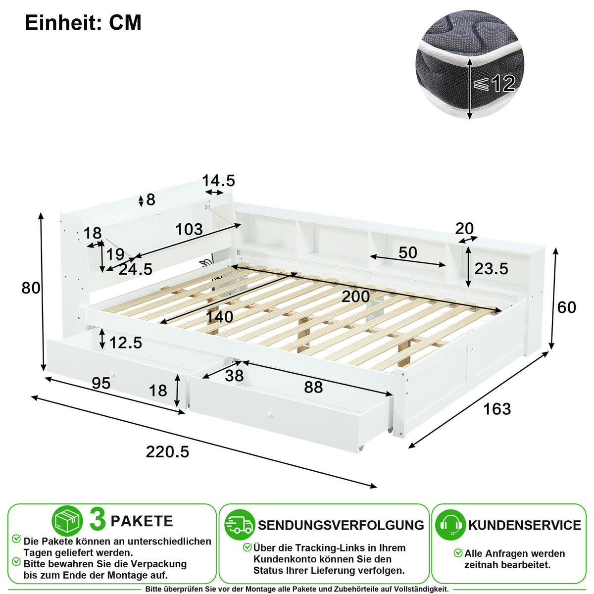 BETT 140/200 cm in Weiß mit Ablagefach, 2 Leuchten, Ladebuchse und 2 Schubladen - Weiß, Holz/Holzwerkstoff (140/200cm) - CHICFURN
