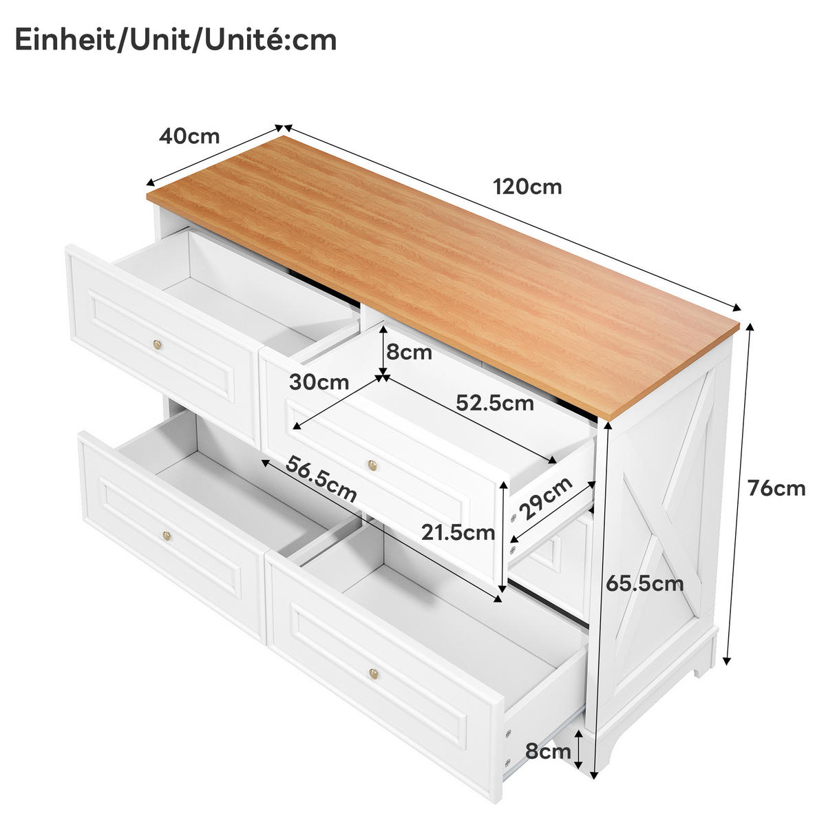 SIDEBOARD 120/40/76 cm mit 6 Schubladen in Weiß & Naturholz - Weiß, Holzwerkstoff (120/76/40cm) - BEAOK