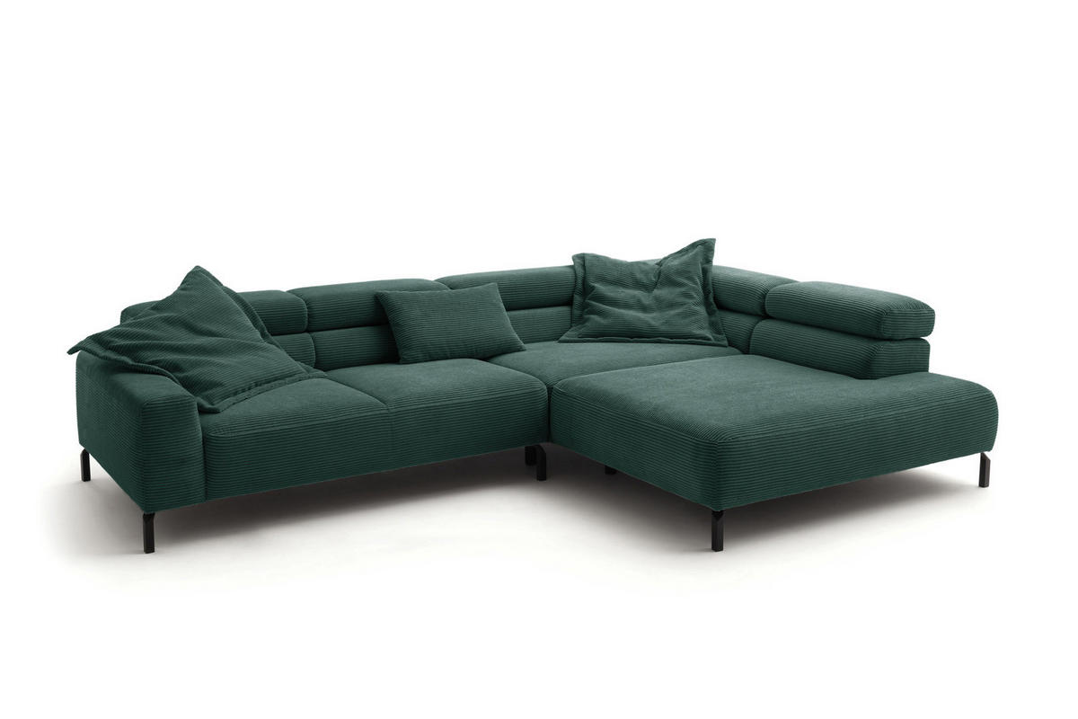 ECKSOFA MIT MOTORISCHEM SITZVORZUG DELIA Smaragdgrün Cord - Smaragdgrün/Schwarz, Textil/Metall (312/219cm) - KAWOLA