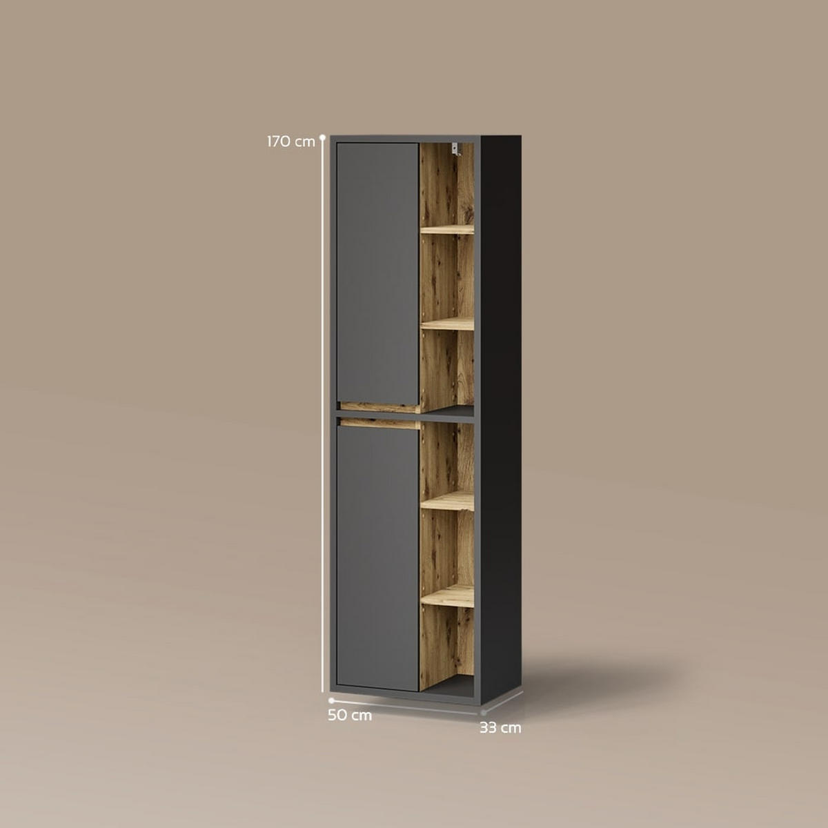 BADSCHRANK Vomano Anthrazit 50 x 170 cm mit Türen, und offenen Fächern - Anthrazit/Eiche Artisan, Holzwerkstoff (50/170/33cm) - Livinity®