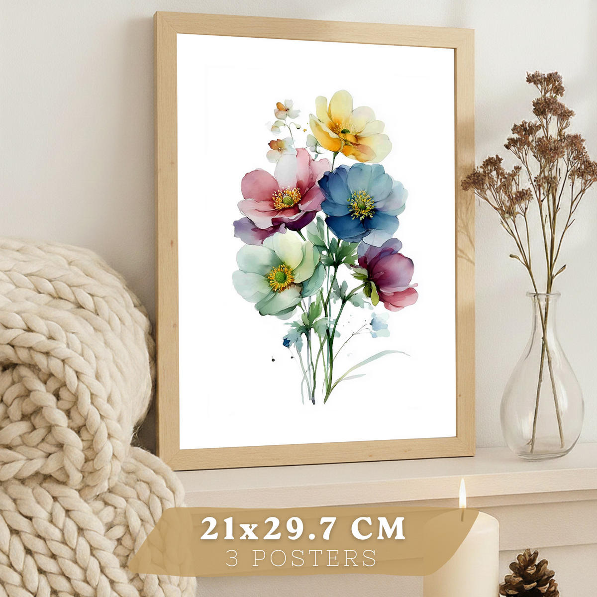 PLAKAT Sada 3 botanických uměleckých tisků. Květinové nástěnné umění. Květinové tisky. Velikost Bezrámové A4 - čirá, papír (21/29.7/3cm) - Nacnic