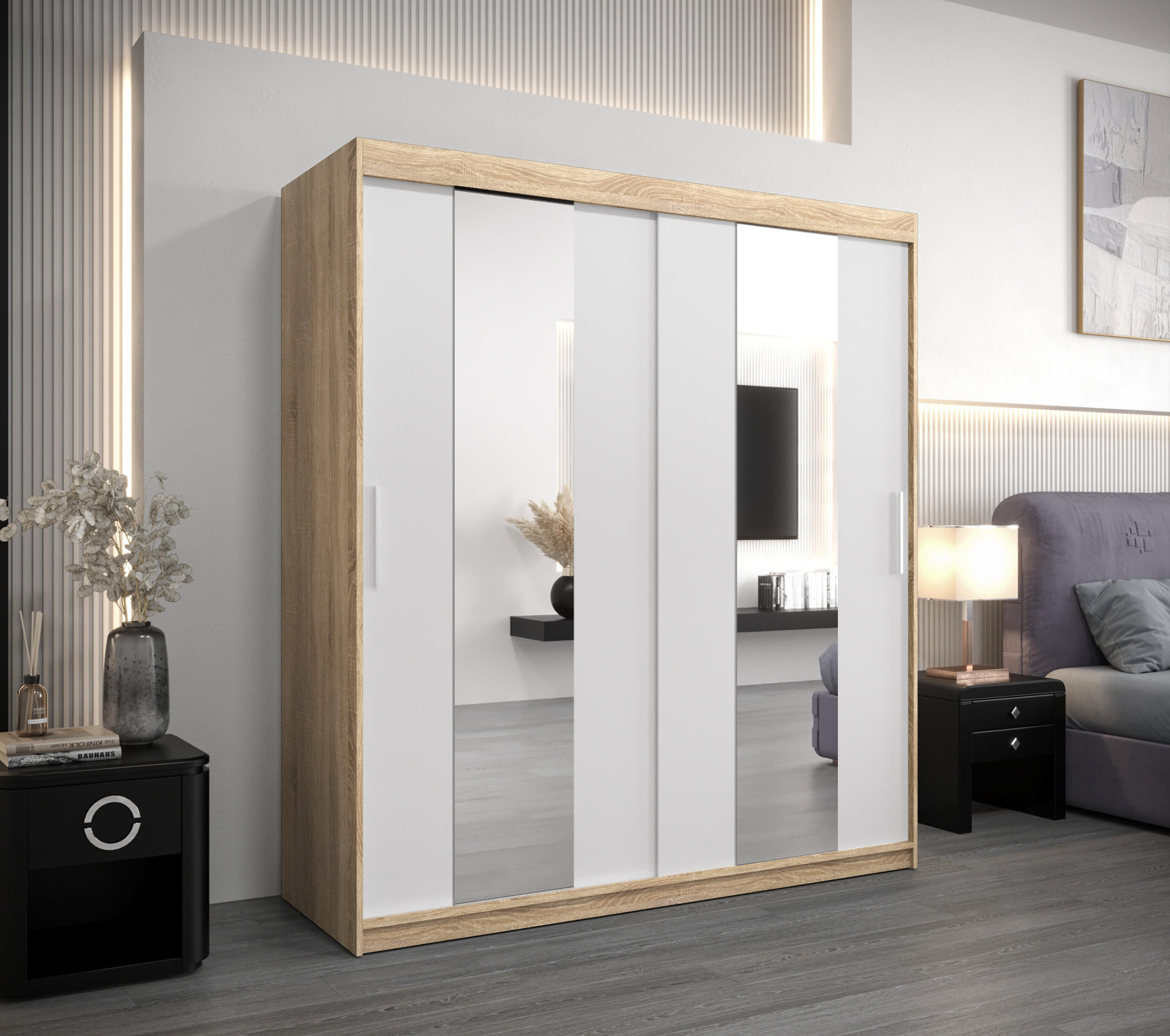 SCHWEBETÜRENSCHRANK 200/180/62 2-türig - Silberfarben/Weiß, Holz/Kunststoff (180/200/62cm) - Abiks Möbel