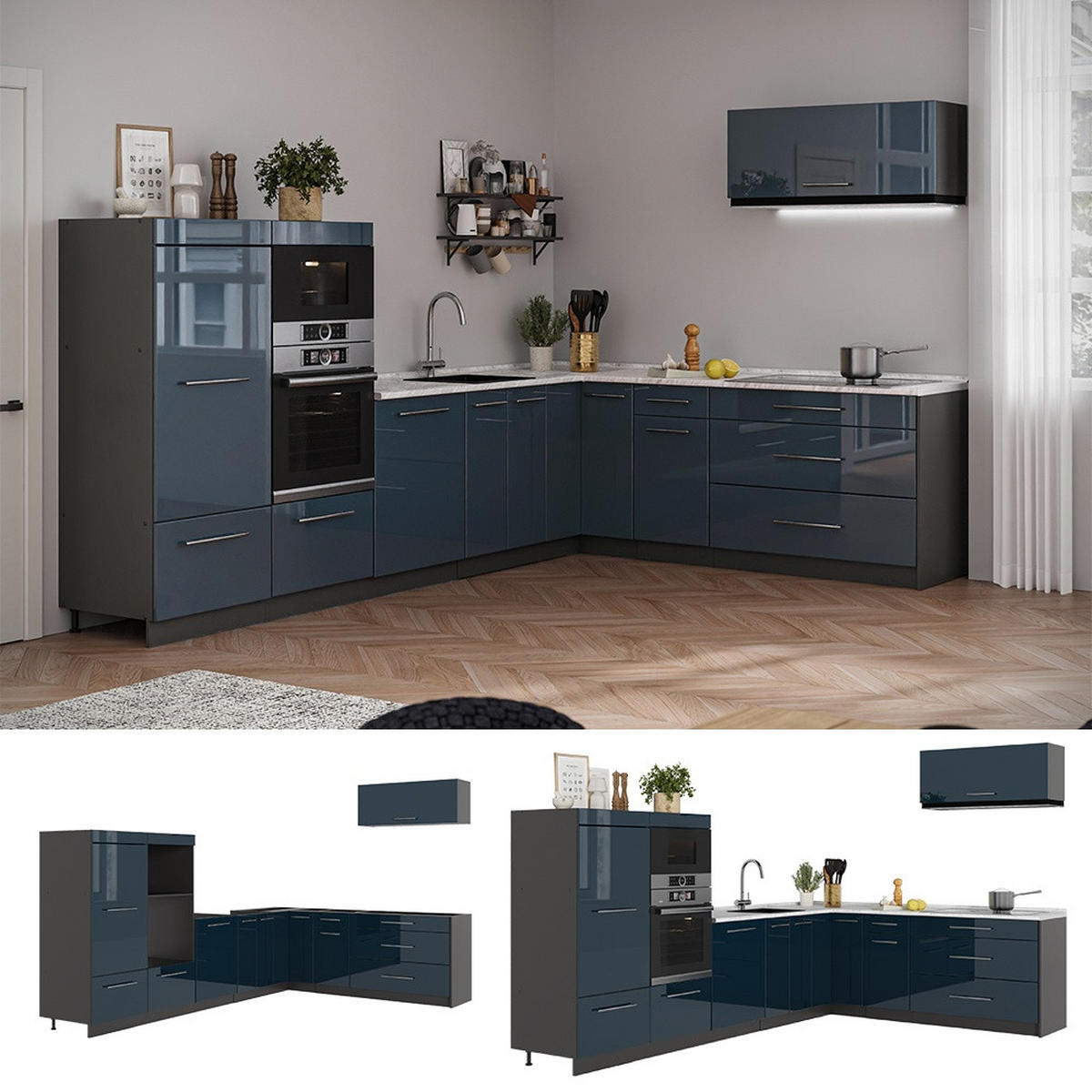 KUHINJA U OBLIKU SLOVA L Fame-Line, Tamnomodra Sjajna/Antracit, 327 x 227 cm, RP Mramor - tamno plava/antracit, drvni materijal (327/153.6/60cm) - Vicco
