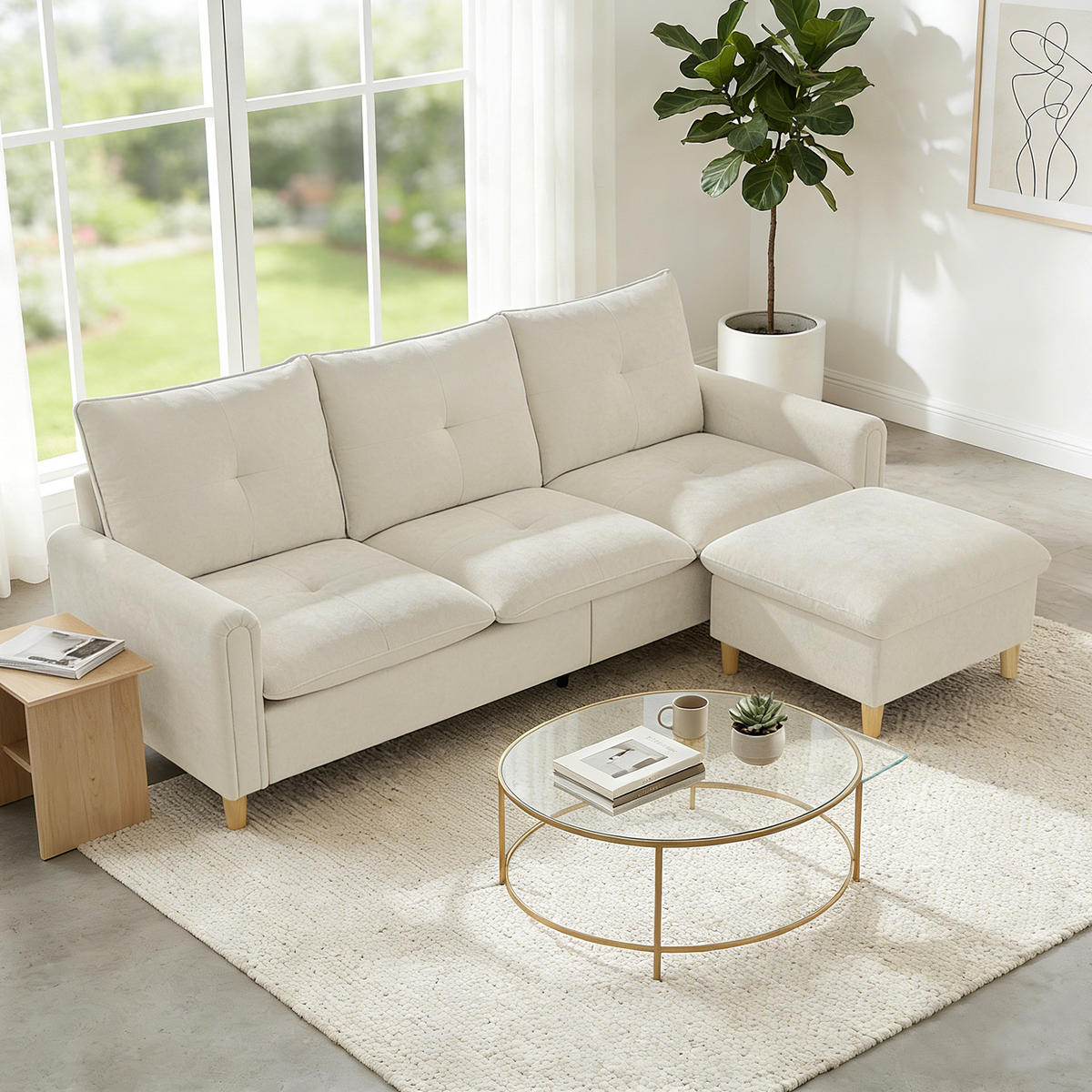 SOFA, 3-Sitzer, modular, Stauraumhocker, Leinenoptik, cremefarben, 210cm - Multicolor, Holzwerkstoff (210/80/77cm) - FORIOUS