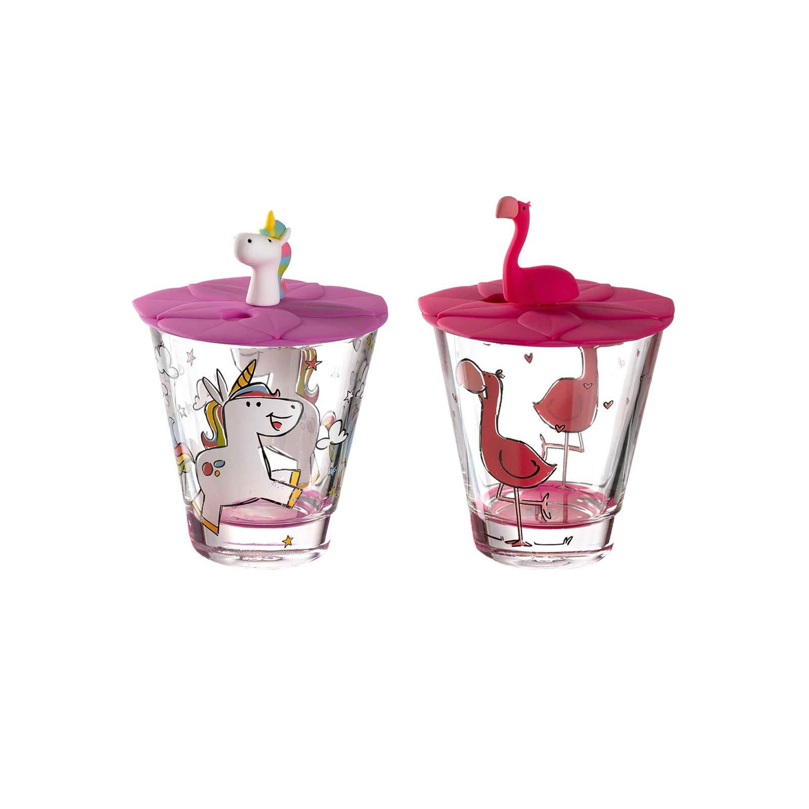 KINDERBECHER MIT DECKEL Bambini Einhorn & Flamingo 215 ml 2er Set - Pink/Weiß, Kunststoff (0.215L) - Leonardo Living