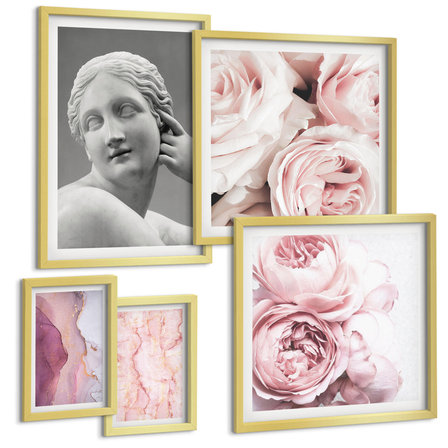 BILDER SET 5er Set - 50x50 cm & 20x30 cm & 40x60 cm Goldrahmen - Pfingstrosenskulptur einer Frau - Goldfarben, Kunststoff (40/60cm) - TULUP