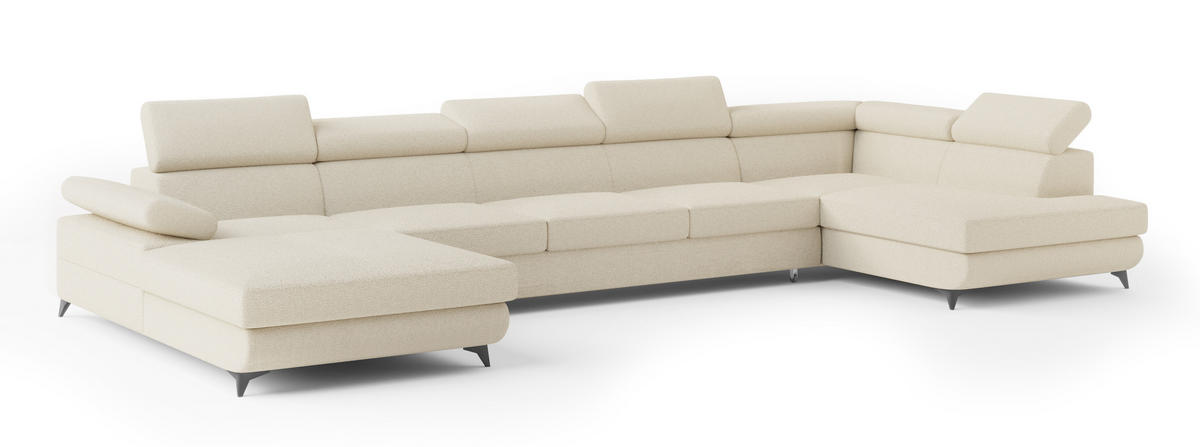 WOHNLANDSCHAFT MONTIVA Creme Boucle-Stoff mit Schlaffunktion - Creme, Holz (410/89/190cm) - MASSENO