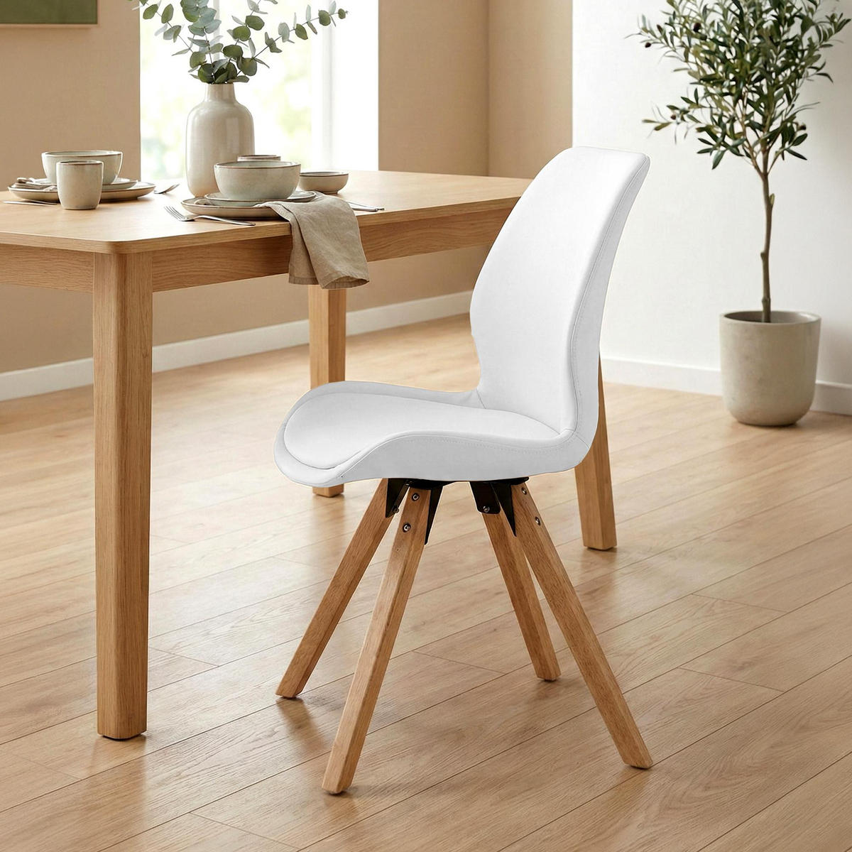 STUHL 4er Set Lederlook weiß - Eukalyptusholzfarben/Weiß, Holz/Textil (49/87/58cm) - CLP