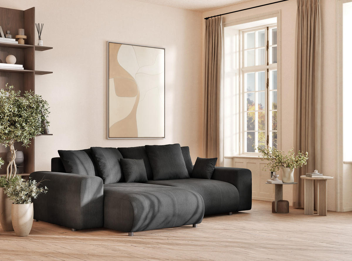 ECKSOFA MIT SCHLAFFUNKTION Solo Anthrazit Samtstoff - Anthrazit/Schwarz, Holz/Holzwerkstoff (255/168cm) - Maison de Reve
