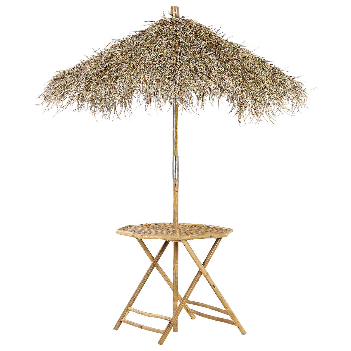 GARTEN BEISTELLTISCH mit Sonnenschirm Bambusholz Seegras Molise - Dunkelbraun, Holz (85/85/76cm) - Beliani