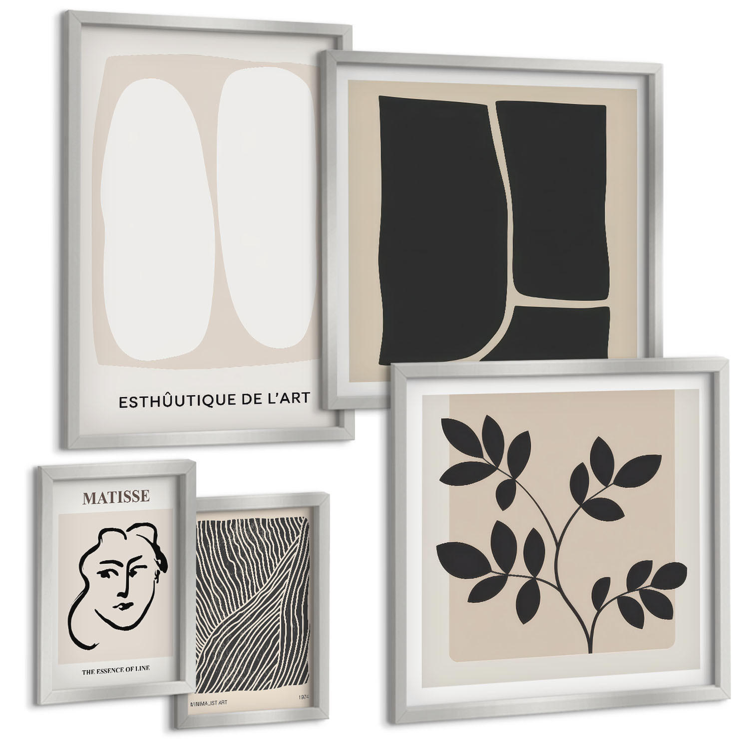 BILDER SET 5er Set - 50x50 cm & 20x30 cm & 40x60 cm Silberner Rahmen - Minimalistische Pflanzenmuster - Silberfarben, Kunststoff (40/60cm) - TULUP