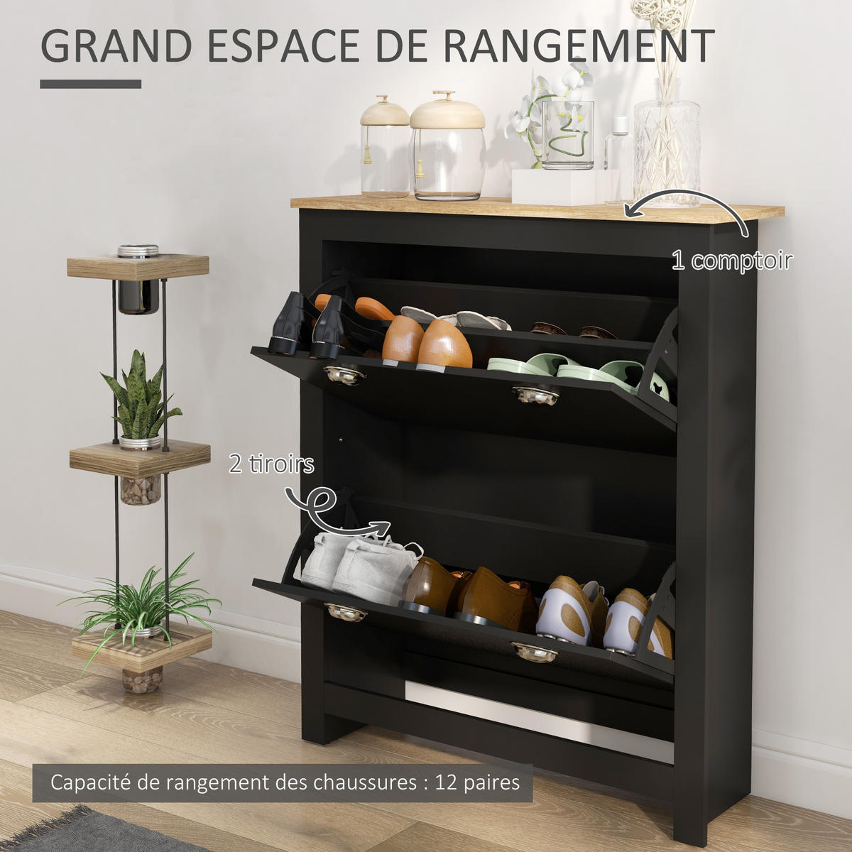 SCHUHSCHRANK Schwarz Eiche MDF Metall klappbar mit 2 Fächern 1 Stück - Schwarz, Holzwerkstoff (79/90.5/23cm) - PANGIVO