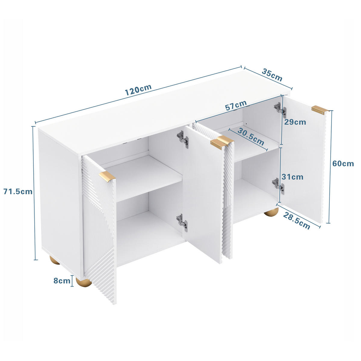 SIDEBOARD mit 4 Türen ca. 120 x 35 x 71,5 cm MDF Weiß - Weiß, Holzwerkstoff (120/71.5/35cm) - Meubliv
