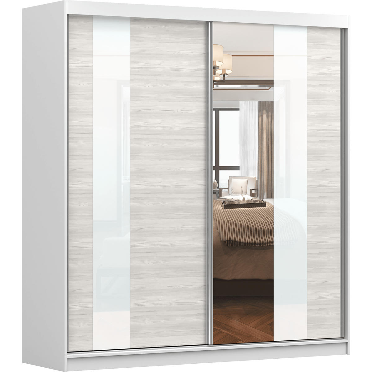 SCHWEBETÜRENSCHRANK Multi 32 Weiß/Kathult Weiß mit LED Beleuchtung 203 cm - Alufarben/Weiß, Glas/Holzwerkstoff (203/218/61cm) - imoebel24
