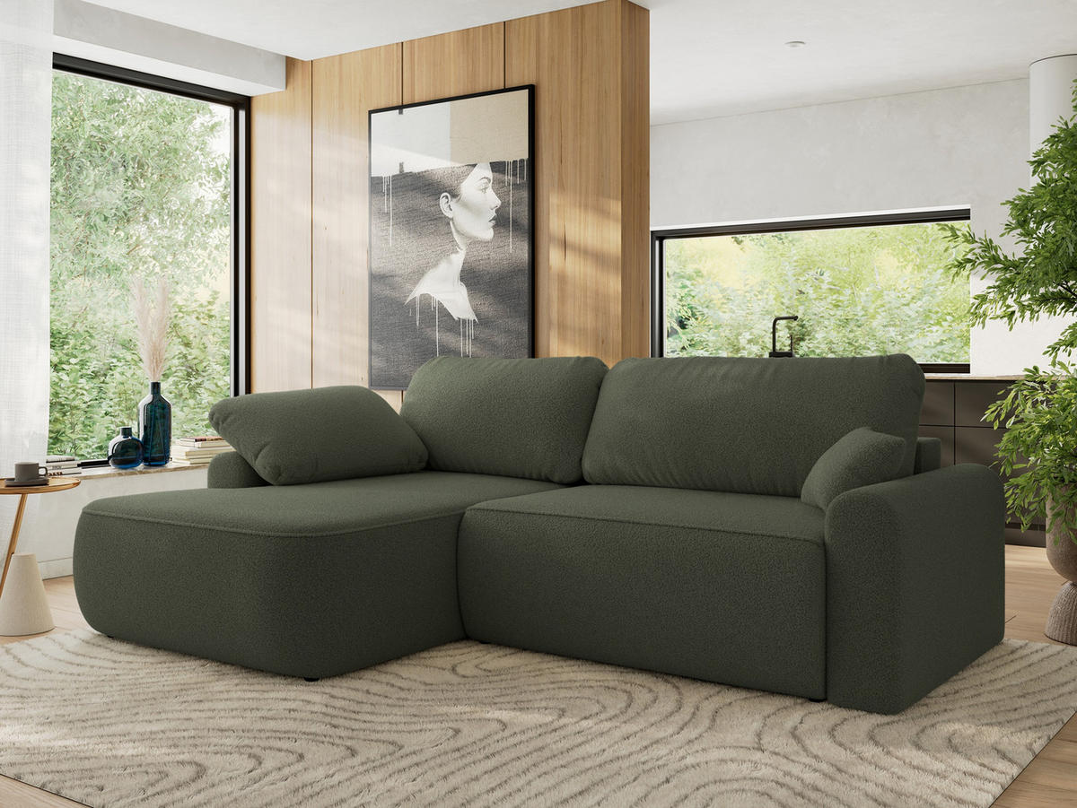 ECKSCHLAFSOFA CUBO L Dunkelgrün Boucle - links - Dunkelgrün/Schwarz, Kunststoff/Textil (273/187cm) - MKS