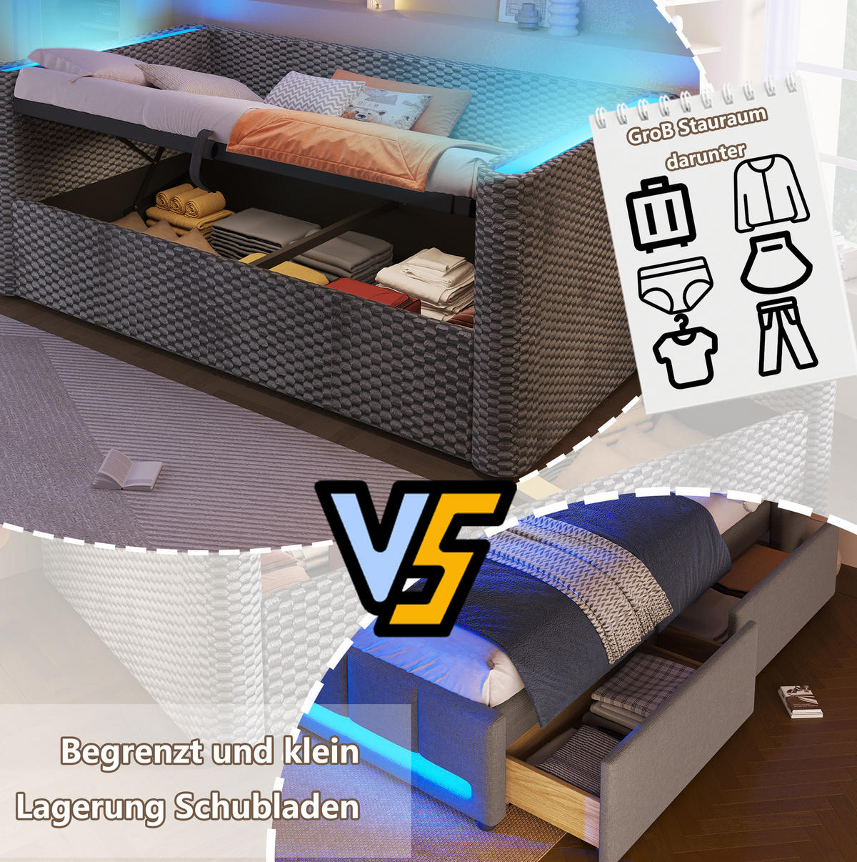 TAGESBETT aus Samt und MDF 90x200 cm Grau mit LED-Beleuchtung und hydraulischem Stauraum - Grau, Textil (90/200cm) - Modfu