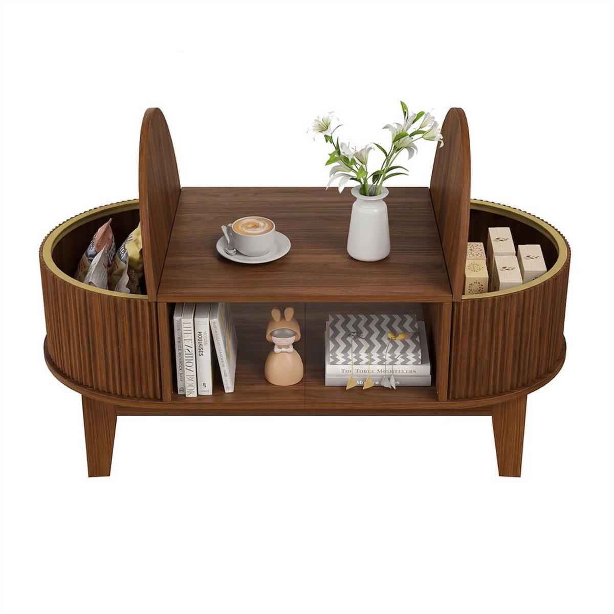 COUCHTISCH oval in Rillenoptik - Wohnzimmertisch mit verstecktem Staufach und offenen Regalen - Walnuss-Optik - Nussbaumfarben, Holzwerkstoff (100/50/40.5cm) - DELFA