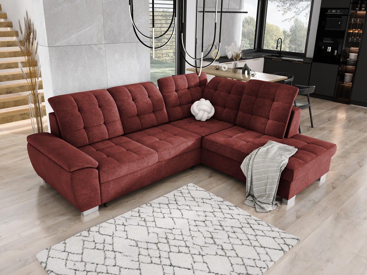 ECKSOFA LOTTA L-förmig Bettkasten verstellbare Kopfstützen hochwertige Verarbeitung lose Rückenkissen freistehend RECHTS 258x212x106 cm Bordeaux - Bordeaux, Holz/Textil (258/212cm) - DomoHome
