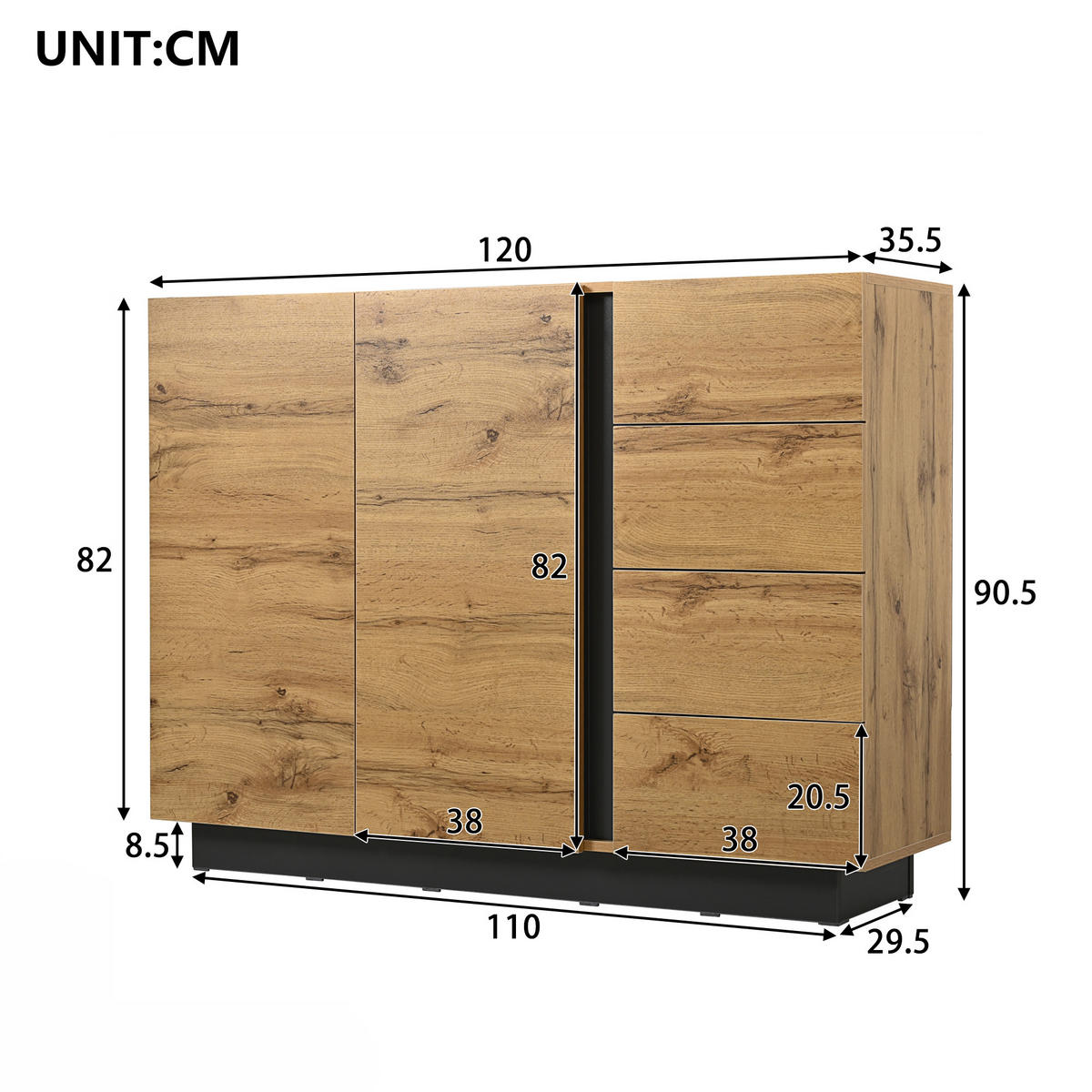 KOMMODE Sideboard 2 Türen Schwarz Natur 110x35.5x90.5cm - Multicolor, Holzwerkstoff (35.5/90.5/110cm) - FLIEKS