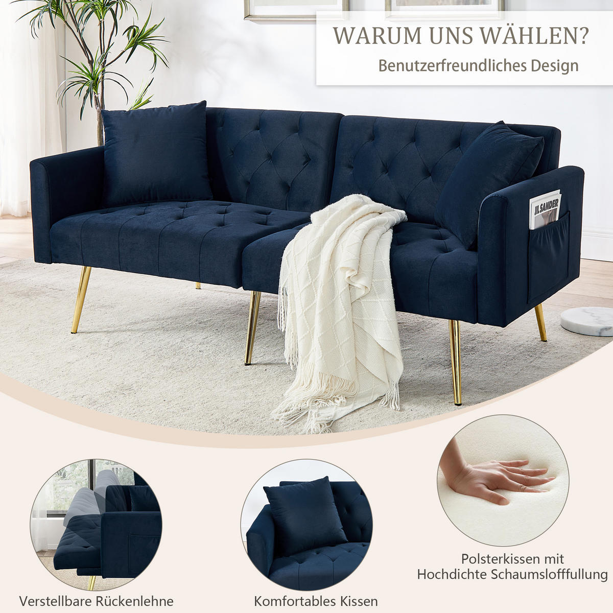 SCHLAFSOFA 177/78/74 cm in Blue Samt mit Aufbewahrungstasche - Blau, Textil (78/74/177cm) - Oxeza