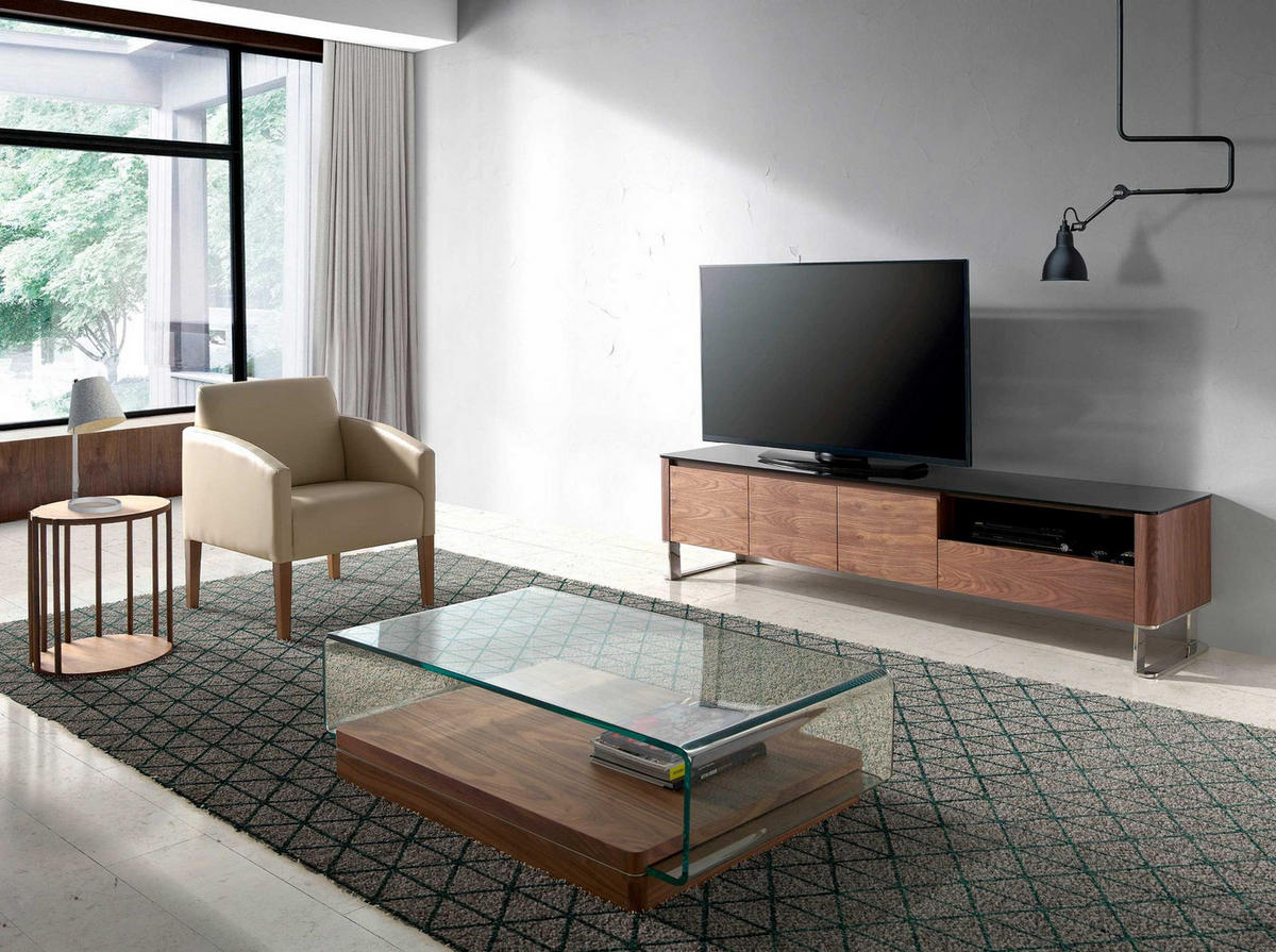 TV-ELEMENT TV-Schrank Nussbaum, verchromter Stahl und schwarze Glasplatte 200/45/48 cm - Walnussfarben/Schwarz, Holz/Metall (200/48/45cm) - ANGEL CERDA