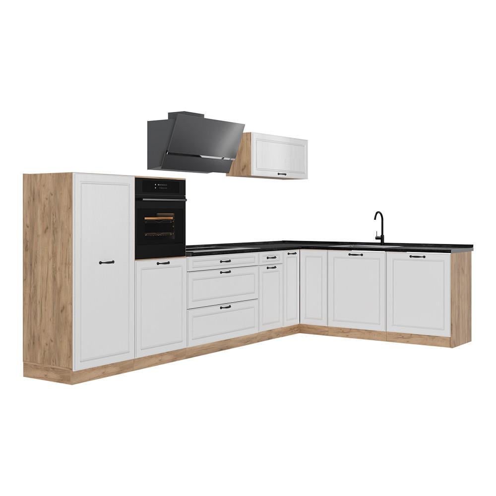 ROHOVÁ KUCHYŇA R-Line, Biely vidiecky dom/Dub Goldkraft, 347 x cm antrasiitti työtaso - biela/dub medový, kompozitné drevo (347/143/60cm) - Vicco