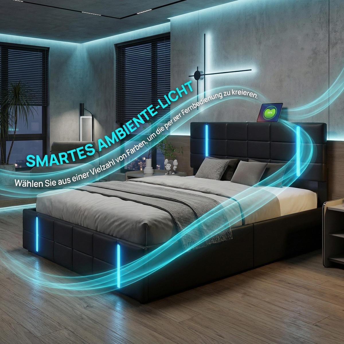 DOPPELBETT 160x200cm schwarz kunstleder acryl led usb - Schwarz, Metall - SHOPENTRA