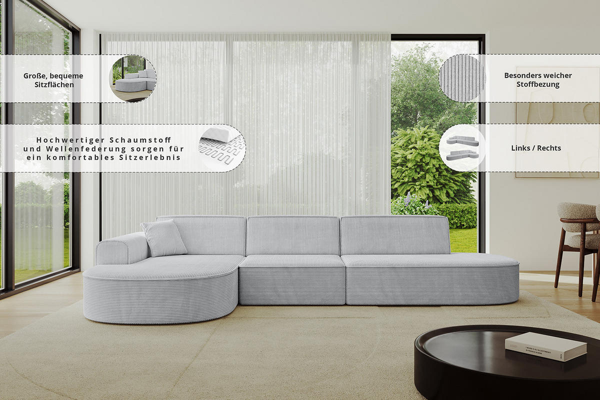 ECKSOFA Ottomane Rechts MARI-L2 - 317x163x73,5 cm Hellgrau Cord - Hellgrau/Schwarz, Holzwerkstoff/Kunststoff (317/163cm) - ALTDECOR